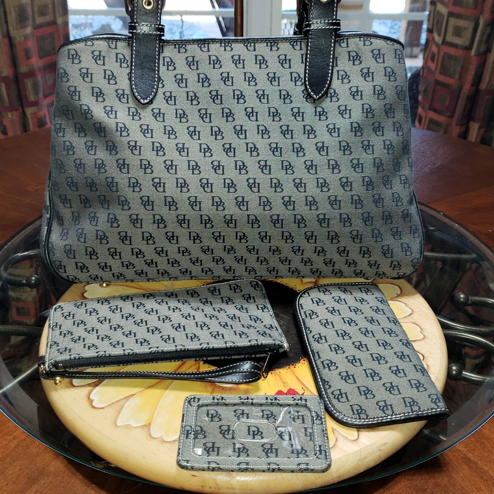 💘🖤💘 4PC DOONEY & BOURKE LEATHER CANVAS SET BAG WRISTLET WALLET CASE VINTAGE